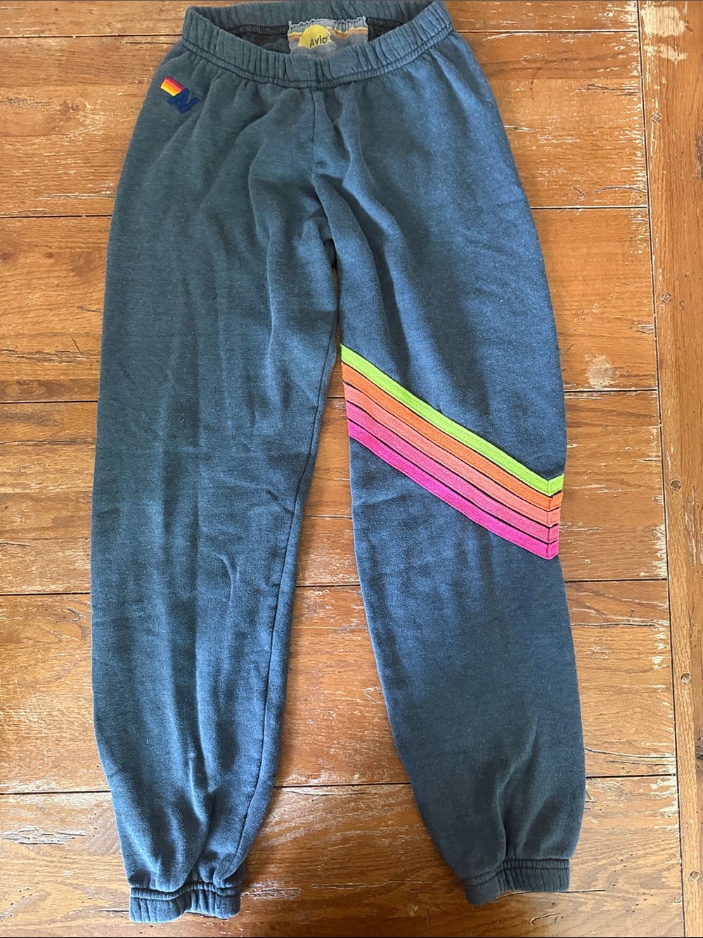 Aviator Nation Black Sweatpants with Neon Rainbow Chevron